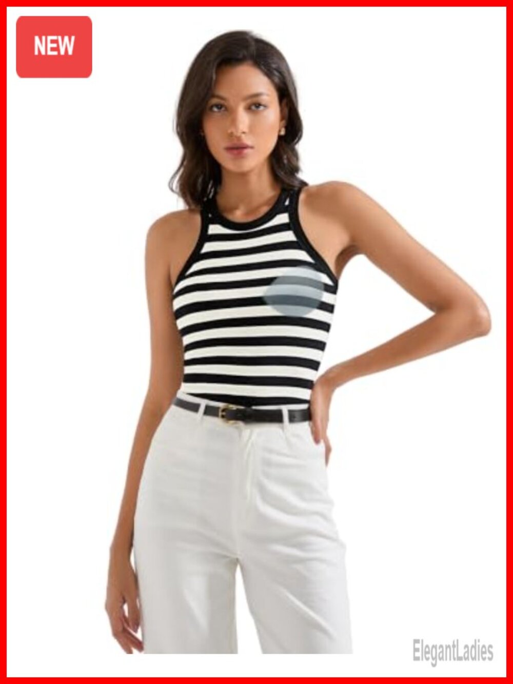 Padded Cotton Ribbed Tank Top High Neck Sleeveless Built-in Bra